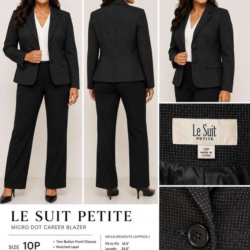 Le Suit Petite Black Micro Dot Career Blazer Jacket Women Size 10P Office